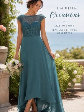 Jim Hjelm Occasions Teal Lace Chiffon Maxi Dress